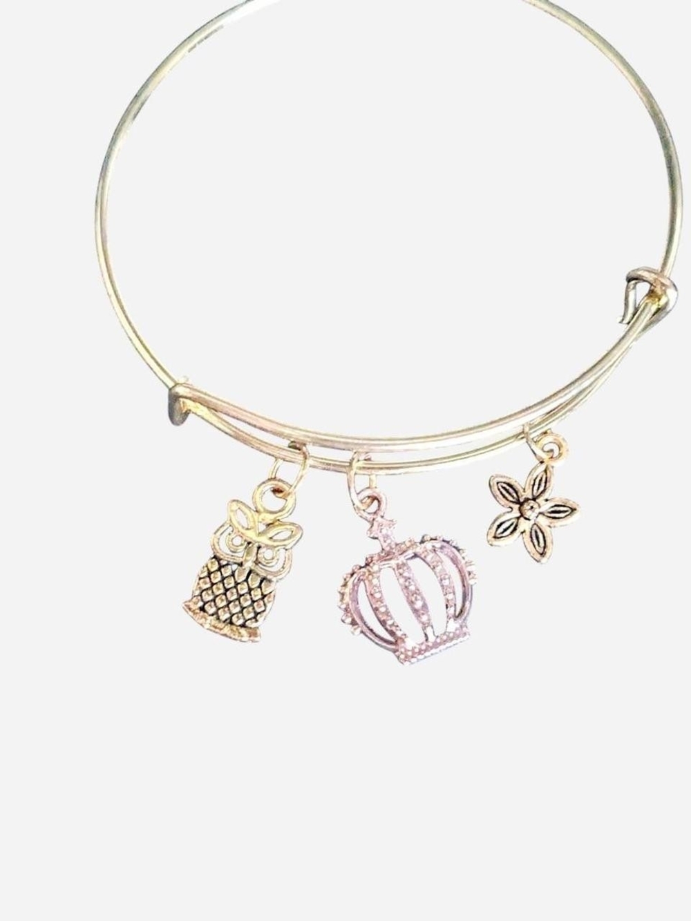 Gold Charm Bangle Bracelet with Crown, Pineapple & Flower Charms